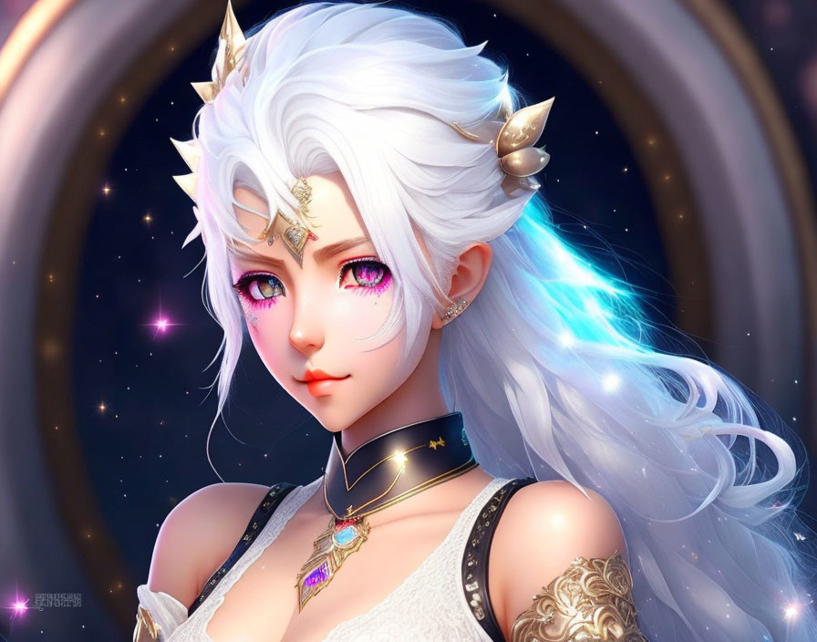 Fantasy digital artwork of female character with purple eyes and white hair