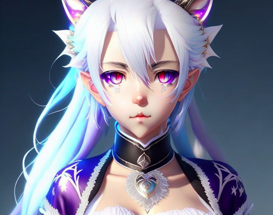 Anime-style character with white hair, purple eyes, cat ears, black choker, purple outfit,