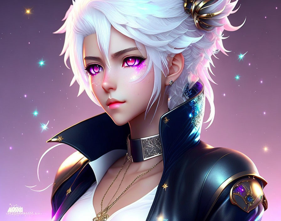 White-Haired Female Character in Dark Military Jacket on Purple Starry Background