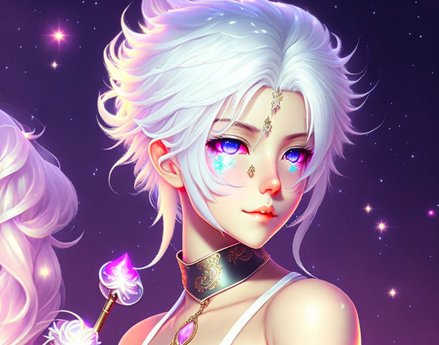 Character with White Hair & Violet Eyes in Gemstone Adornments on Starry Background