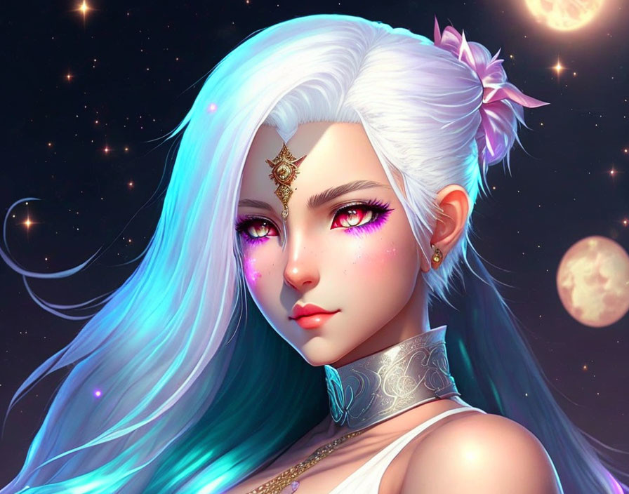 Illustration of woman with white and blue hair, golden jewelry, pink makeup, against starry night