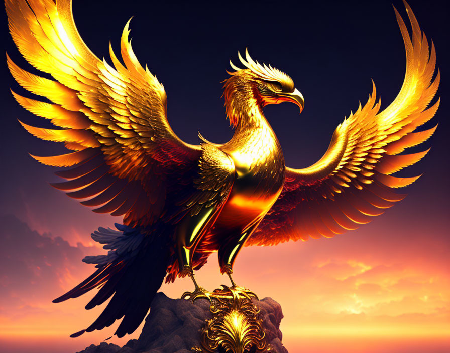 Majestic golden phoenix with fiery wings perched on rock at sunset