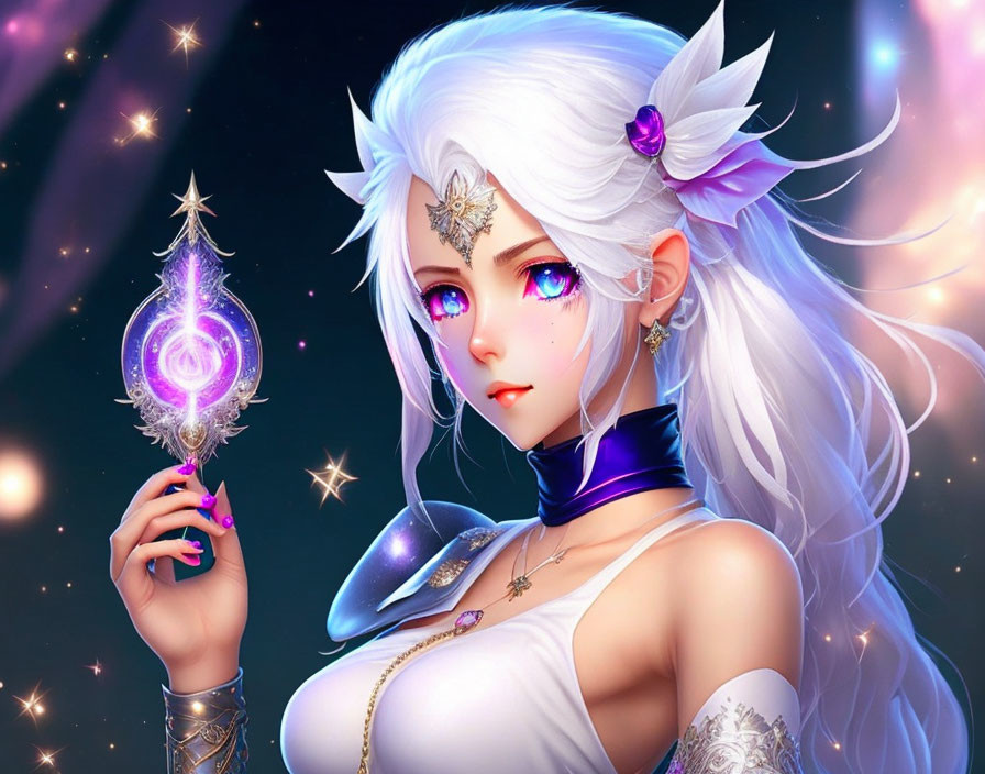 Digital illustration of female anime character with white hair and purple eyes holding magical staff in starry night background