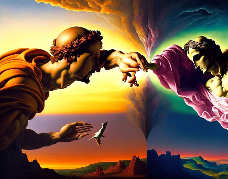 Surreal artwork: Classical statues reaching fingers, colorful sky