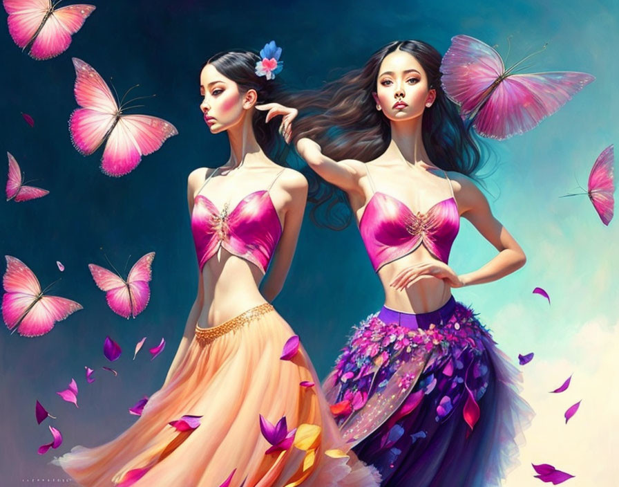 Two women in butterfly-themed attire with floating butterflies on ethereal blue backdrop