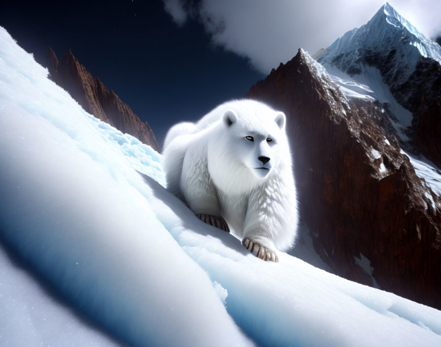 White polar bear on snowy slope with mountain peaks under blue sky