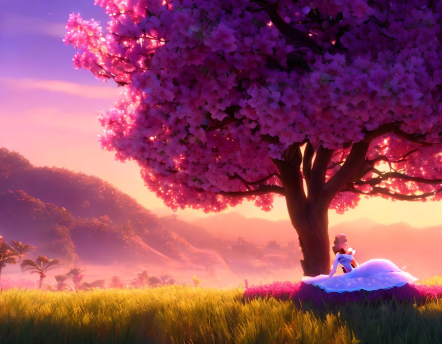 Character under pink cherry blossom tree at sunset with pastel colors.