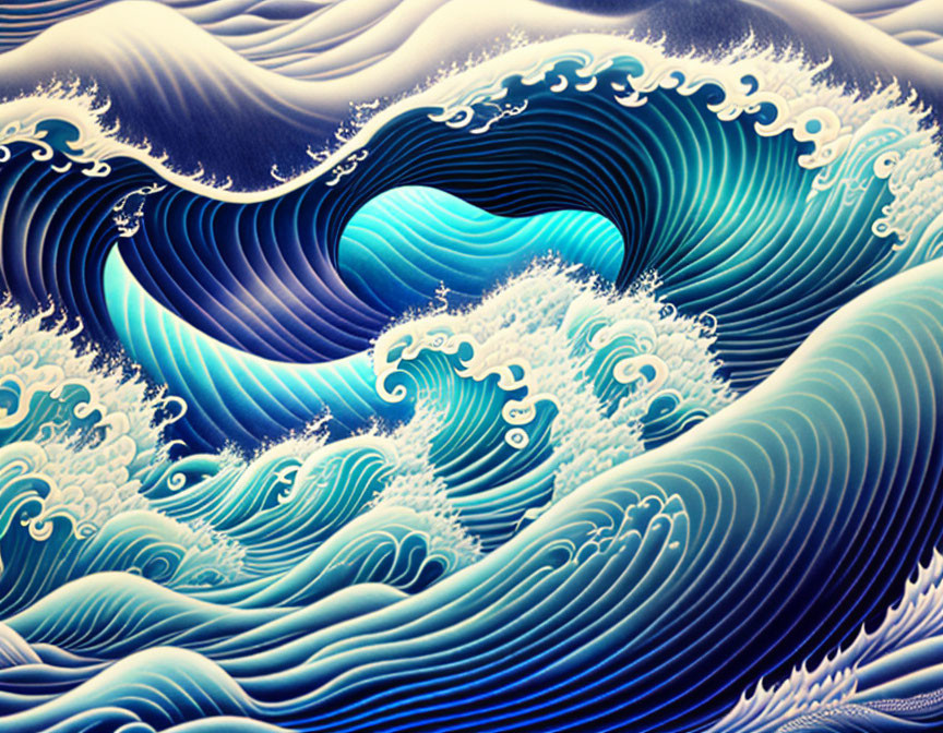 Intricate blue waves with foam patterns portraying movement.