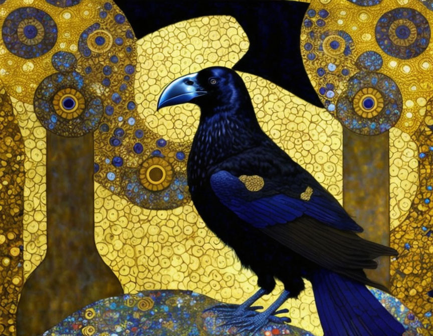 Stylized raven with glossy black plumage on intricate golden background