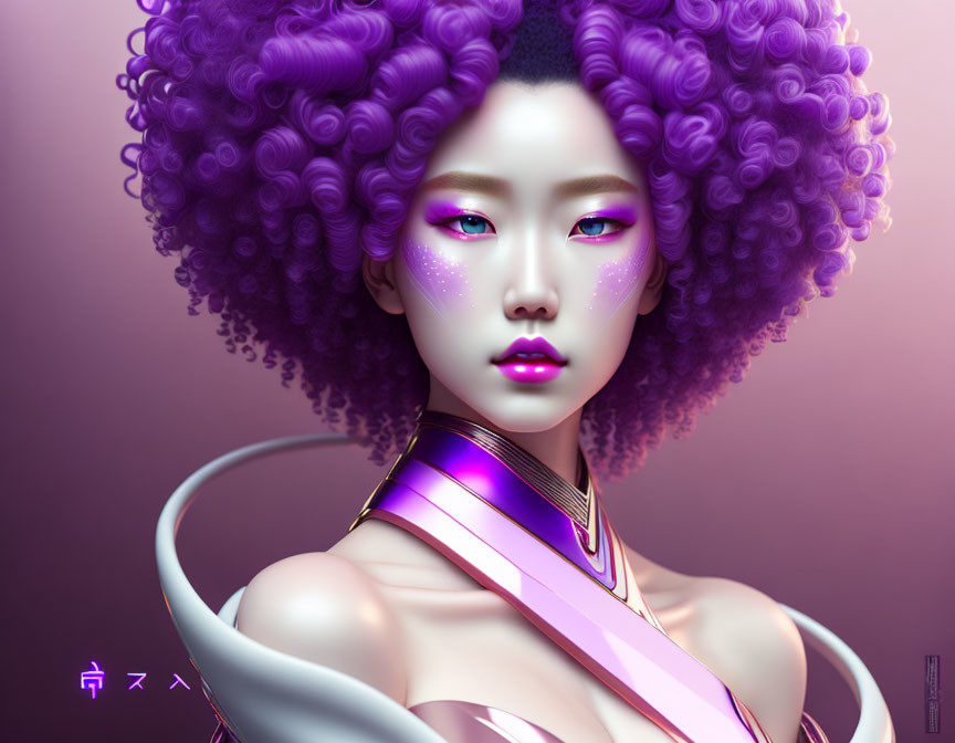 Digital Art: Woman with Purple Curly Hair and Ethereal Glow