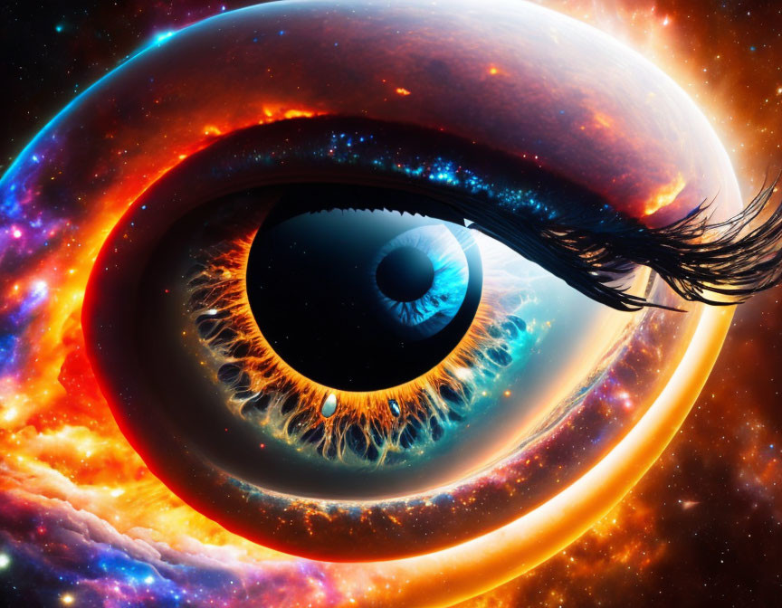 Surreal image: Human eye merges with cosmic elements