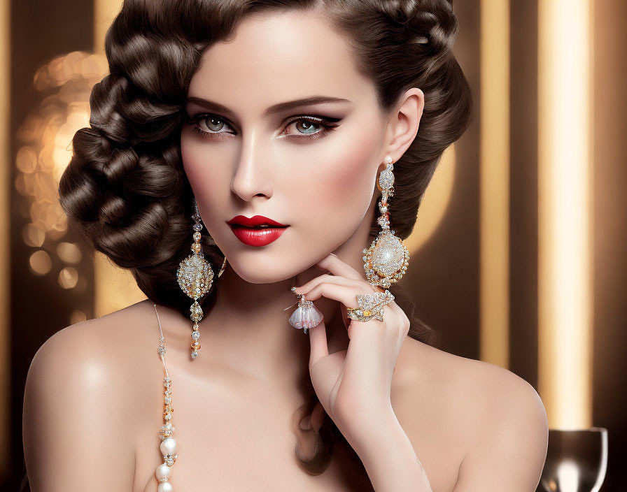 Vintage Hair Style with Bold Makeup and Elegant Jewelry on Golden Backdrop