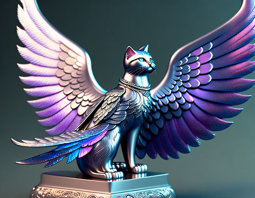 Metallic Cat Sculpture with Detailed Wings in Purple and Blue Hues