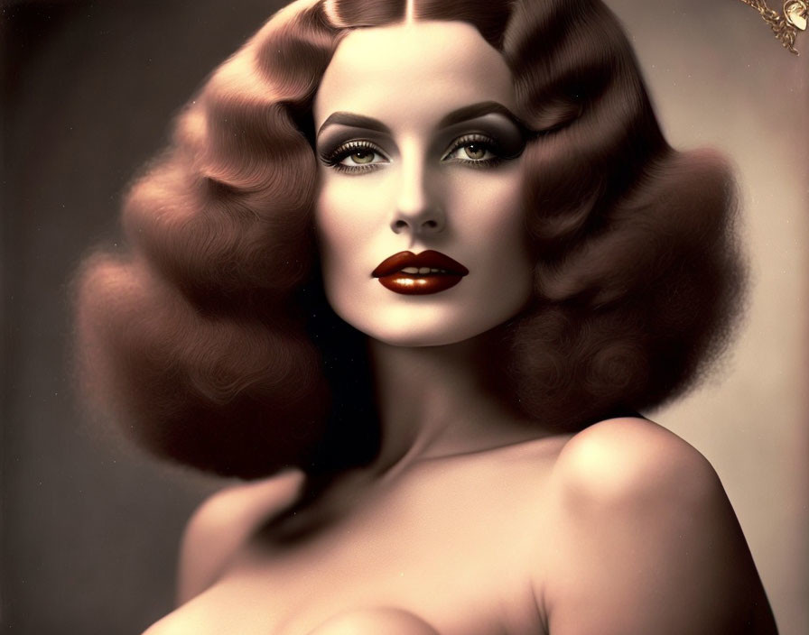 Vintage-Style Portrait of Woman with Curly Hair and Dark Lipstick