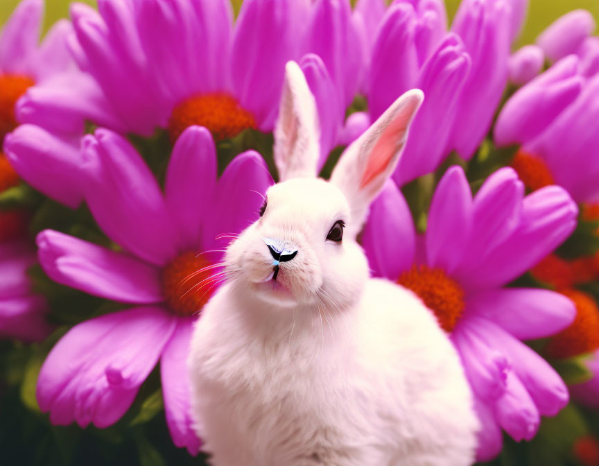 White Rabbit Sitting in Front of Purple Daisy-like Flowers