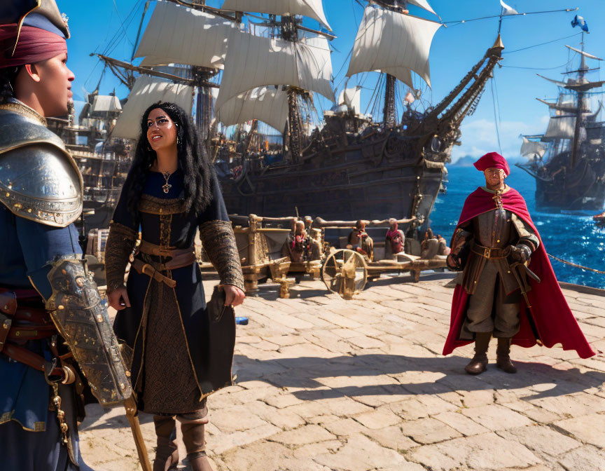 Historical costumes on dock with tall ship in background