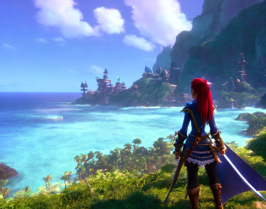 Red-Haired Character on Cliff Overlooking Fantasy Coastal Landscape