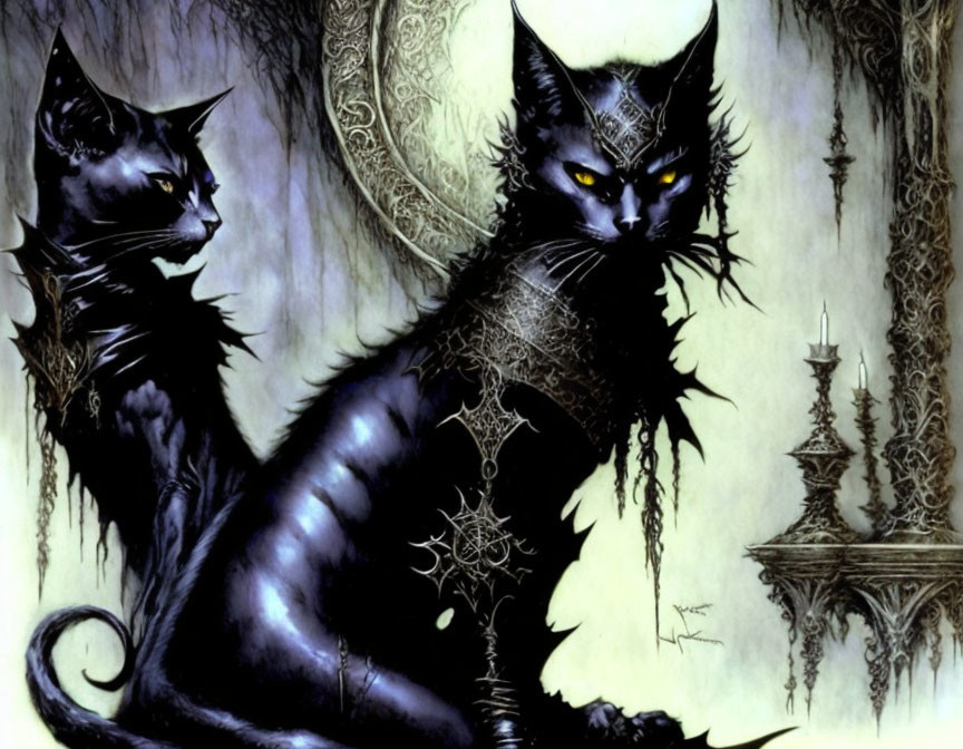 Illustration of two black cats in eerie gothic setting