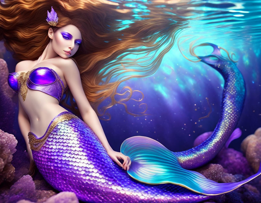 Mermaid digital artwork with flowing hair and shimmering tail resting on corals under the sea