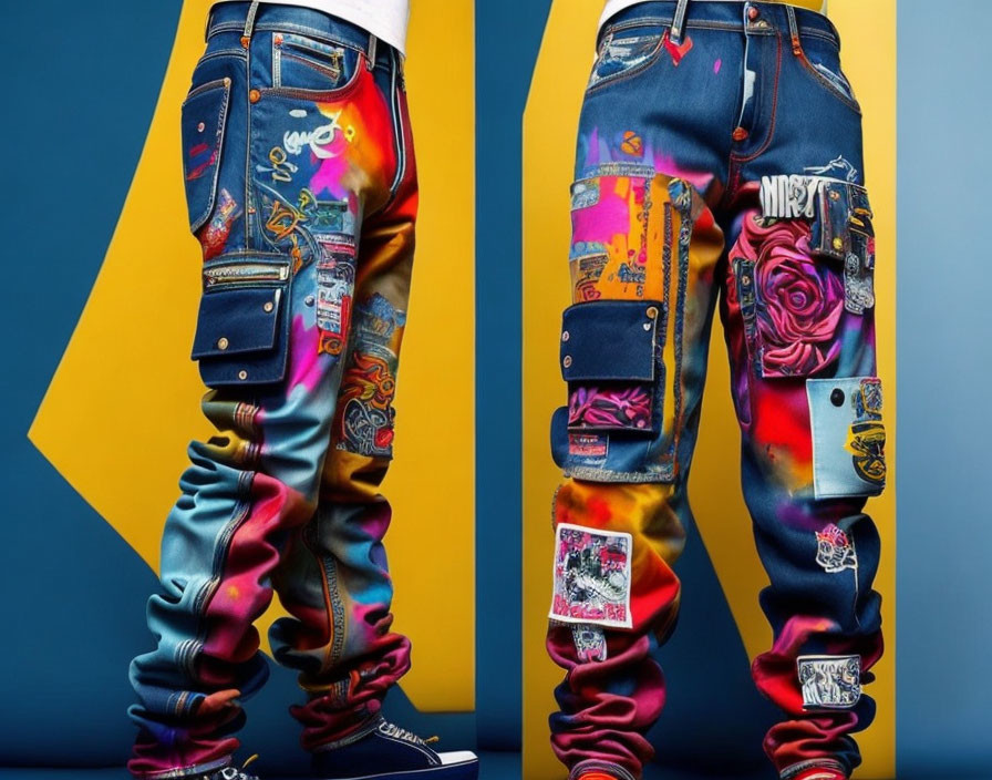 Graffiti-inspired denim jeans with colorful patches on geometric backdrop