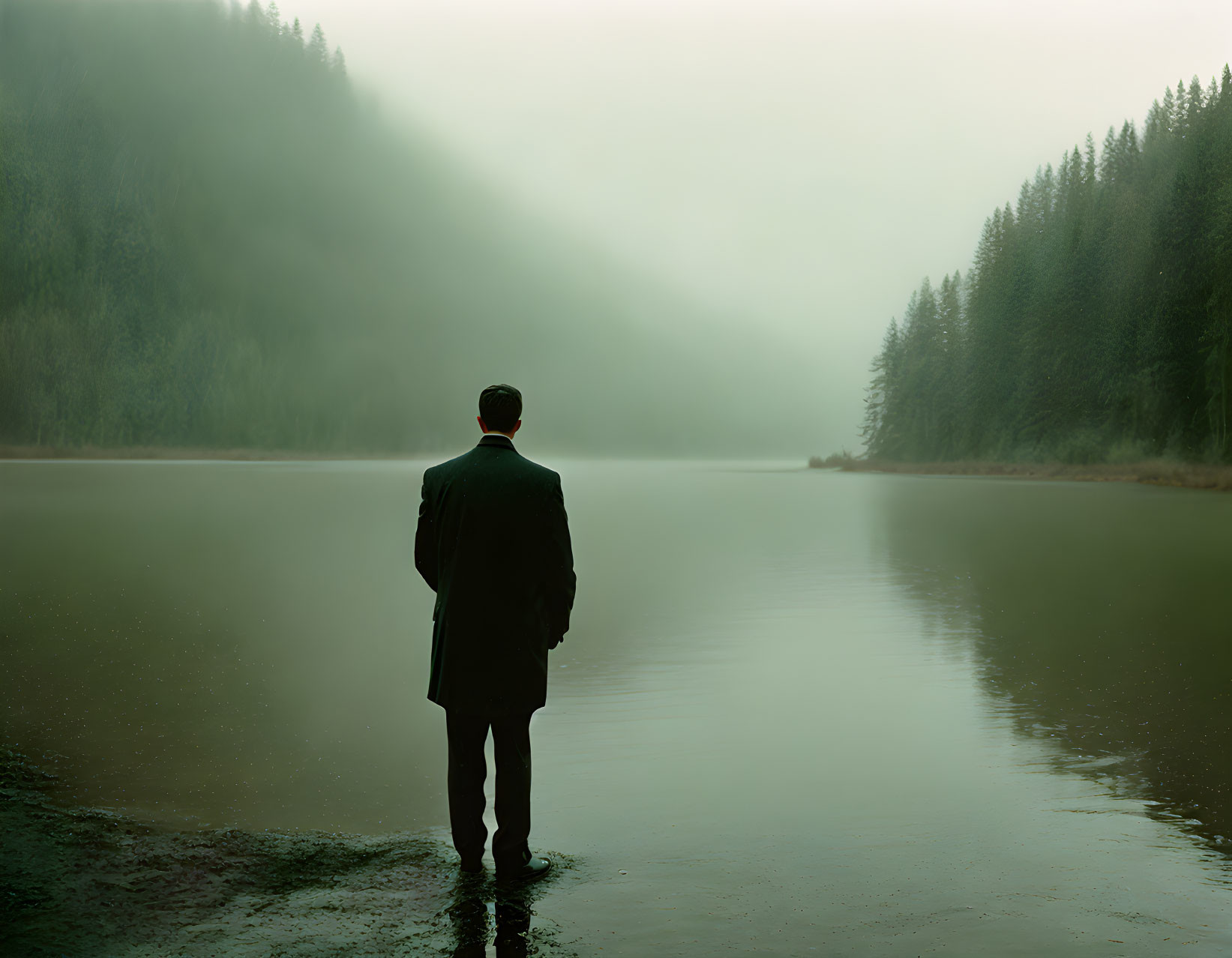 Man in suit by misty lake in serene forest setting