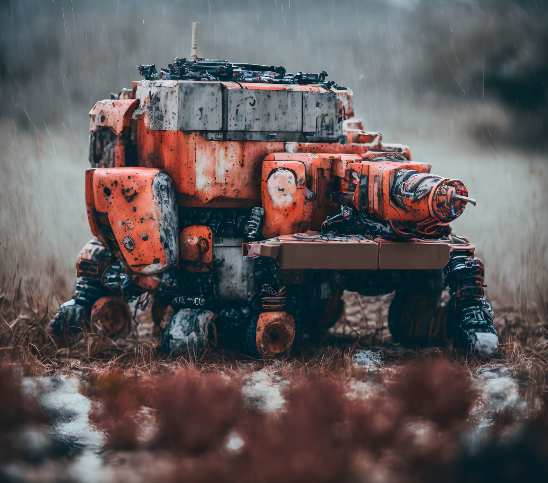 Weathered orange robotic figure on rainy terrain with intricate details