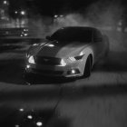 Three Custom Painted Ford Mustang Sports Cars on Dark Background with Lightning Effects