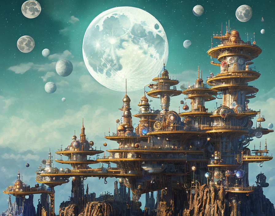 Steampunk city with intricate towers under large moons