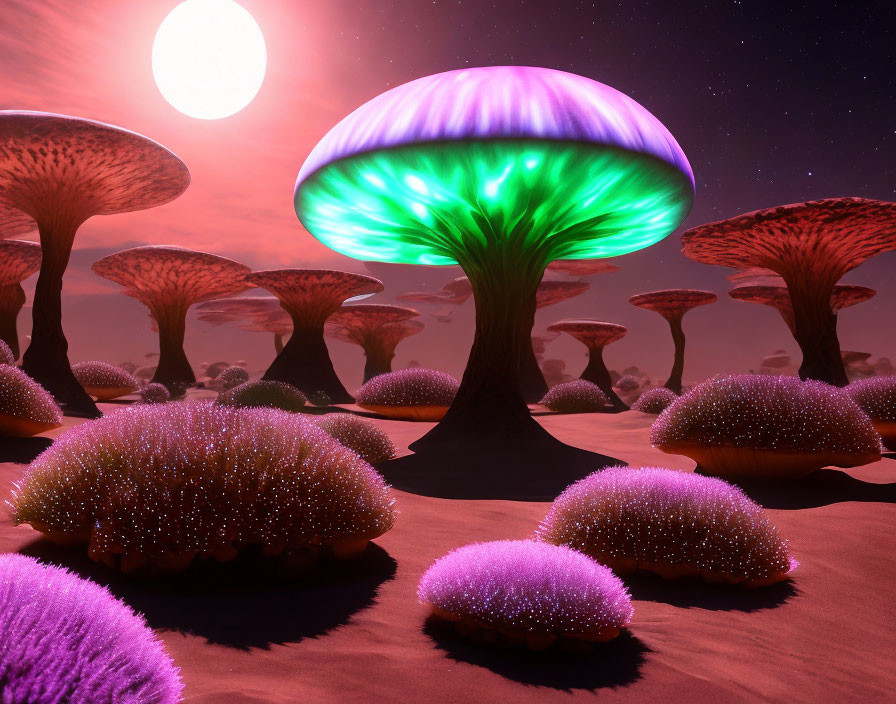 Surreal landscape with oversized glowing mushroom structures under pink sky