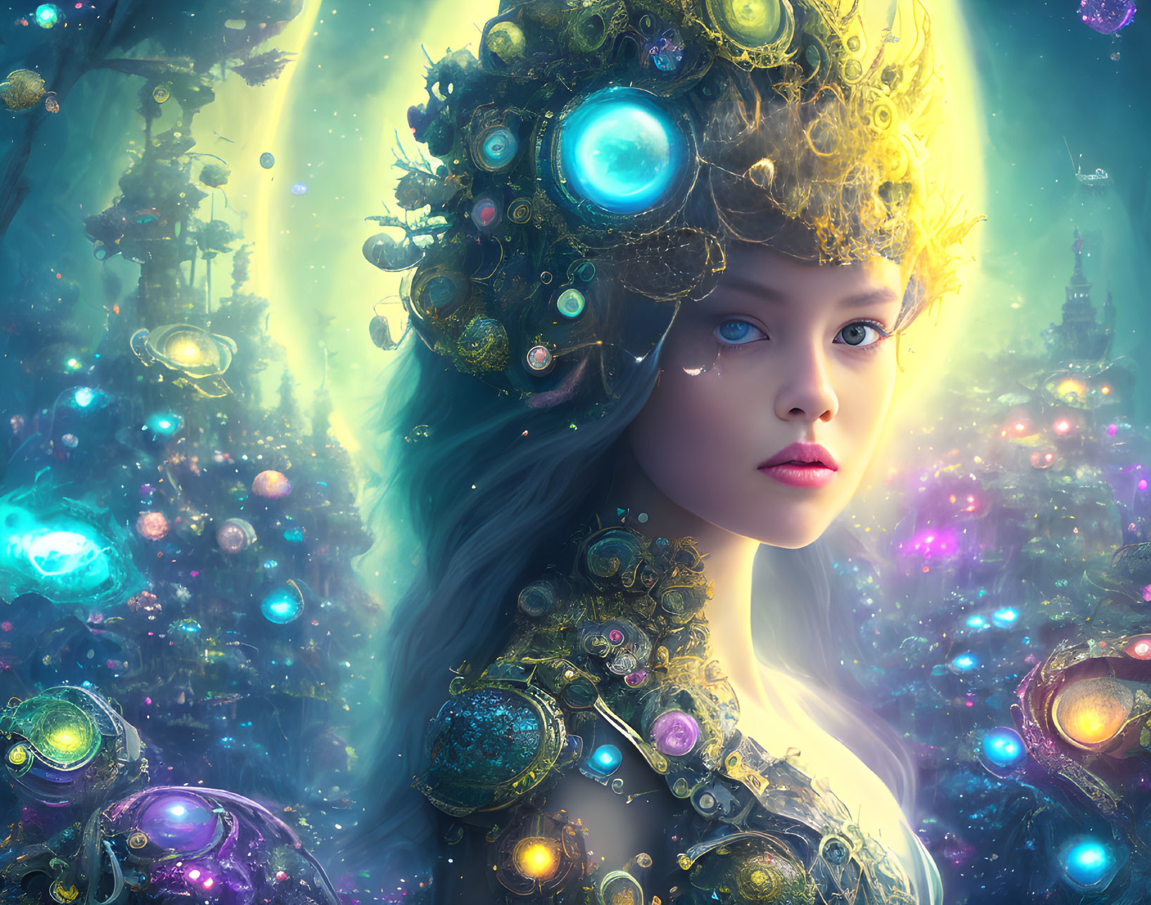 Fantastical portrait of a woman in elaborate crown and armor against mystical forest.