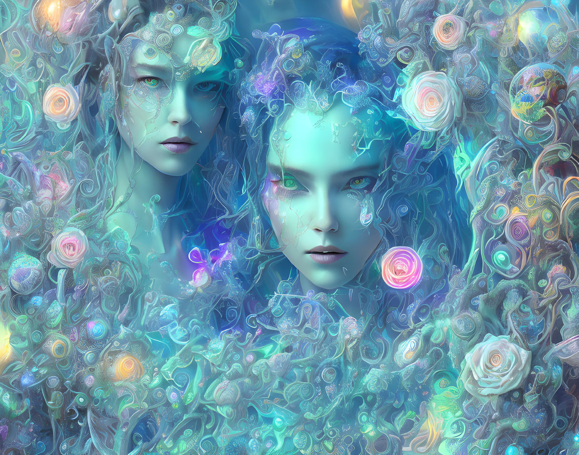 Ethereal beings with luminescent blue skin in colorful underwater scene