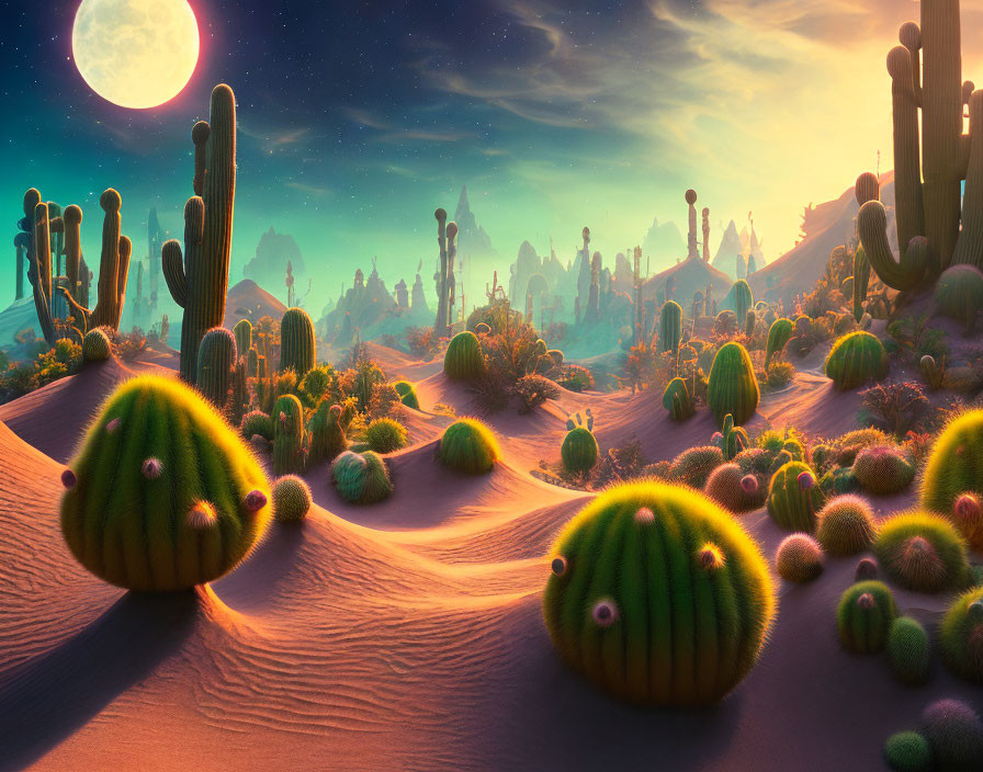 Surreal desert scene with cacti under twilight sky