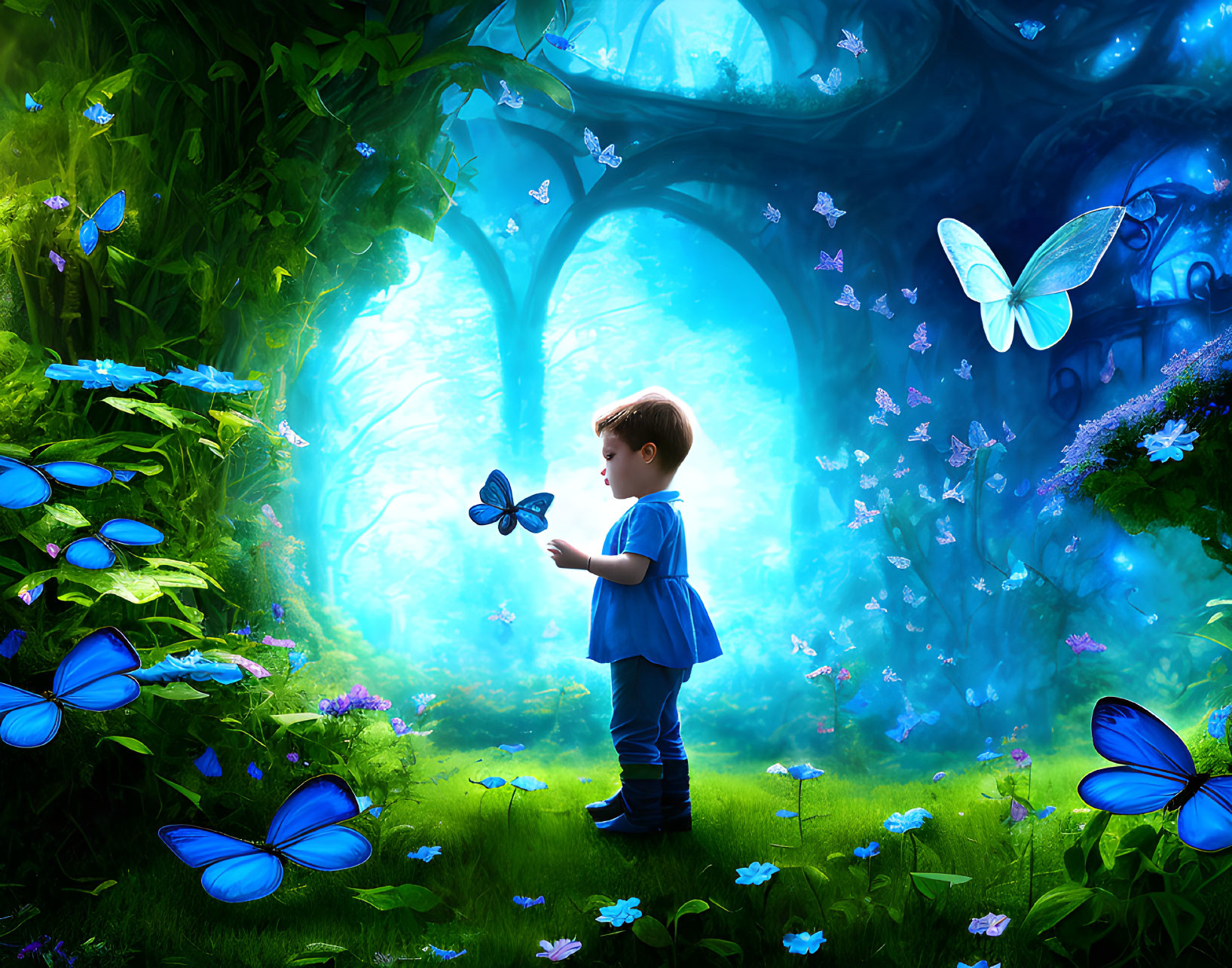 Child in Blue Shirt Surrounded by Butterflies in Enchanted Forest