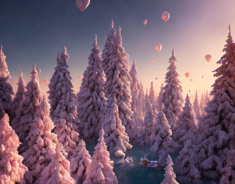 Snow-covered trees, couple canoeing, hot air balloons in a winter landscape