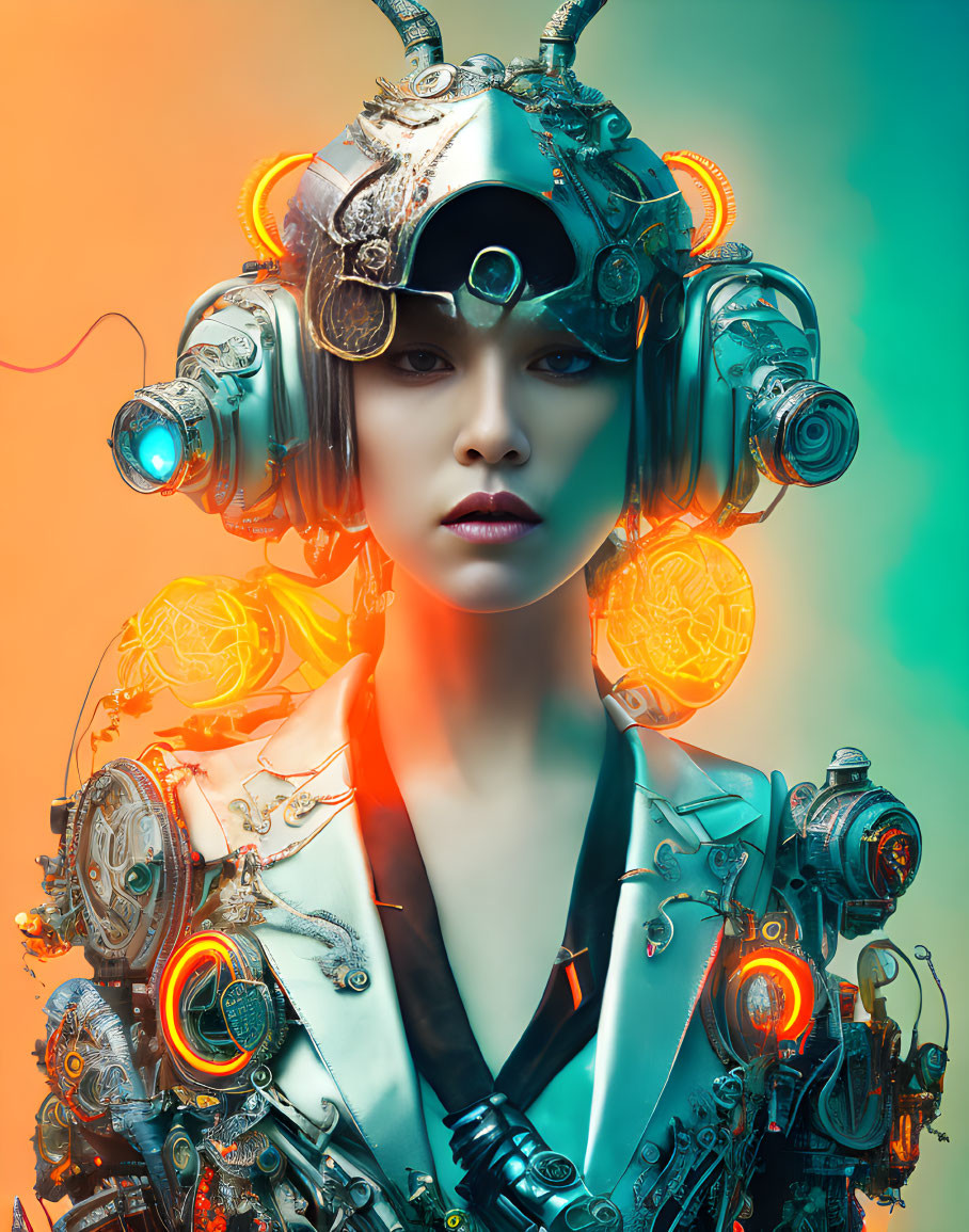 Futuristic woman with robotic headgear and cybernetic components on vibrant backdrop