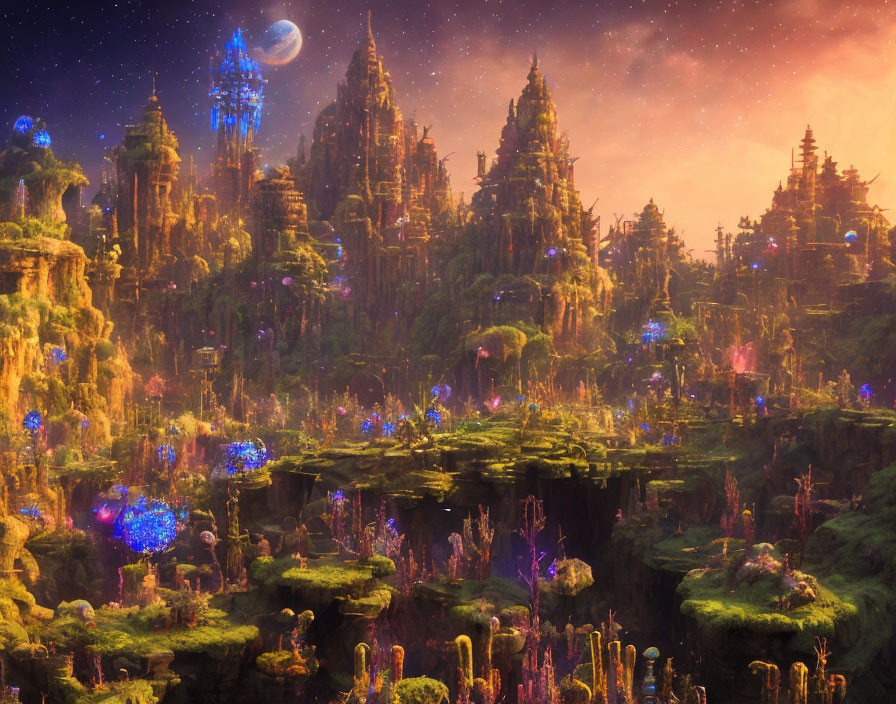 Fantastical landscape with illuminated flora and towering spires