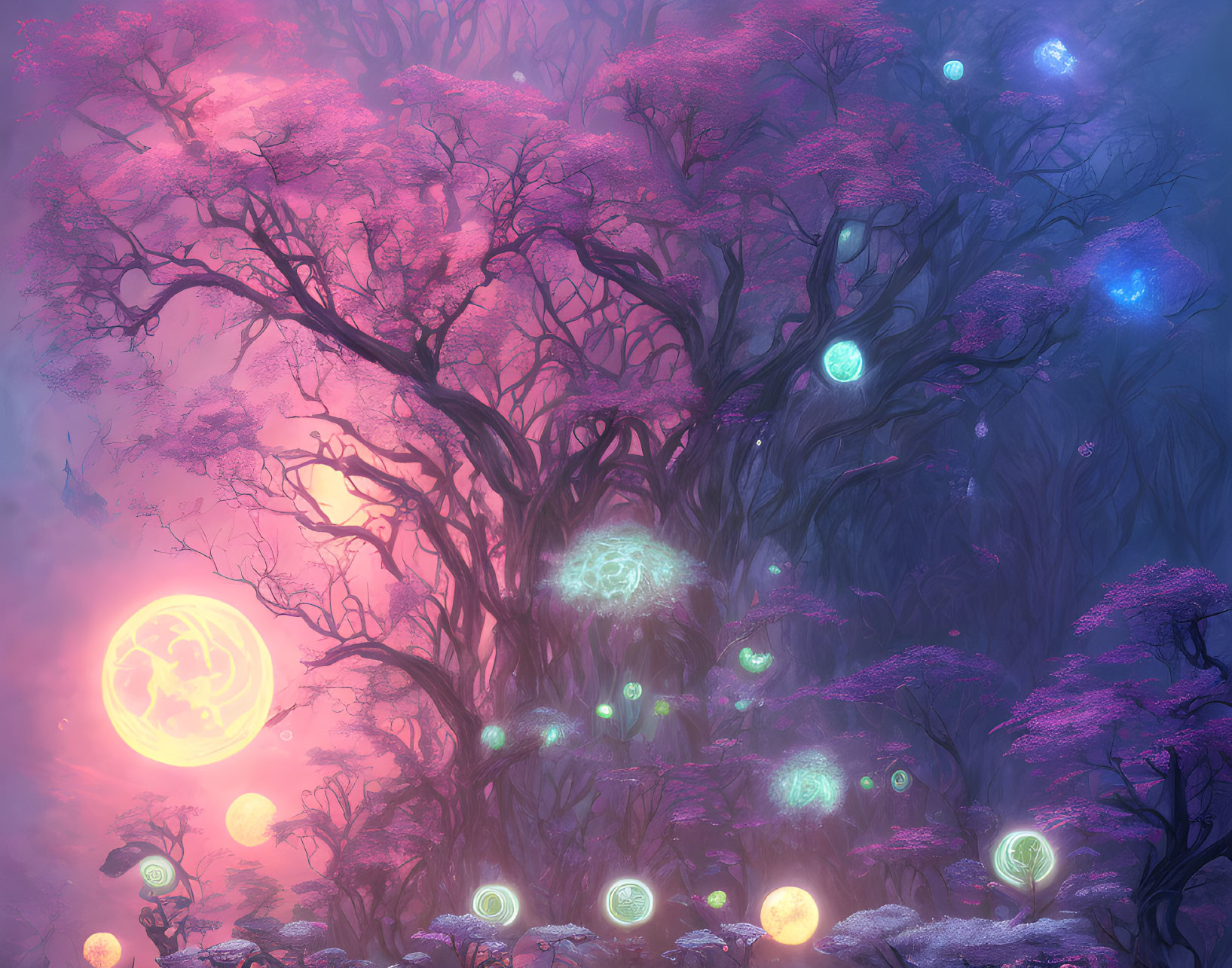 Mystical forest scene with pink and purple hues, glowing orbs, large moon, and ethereal