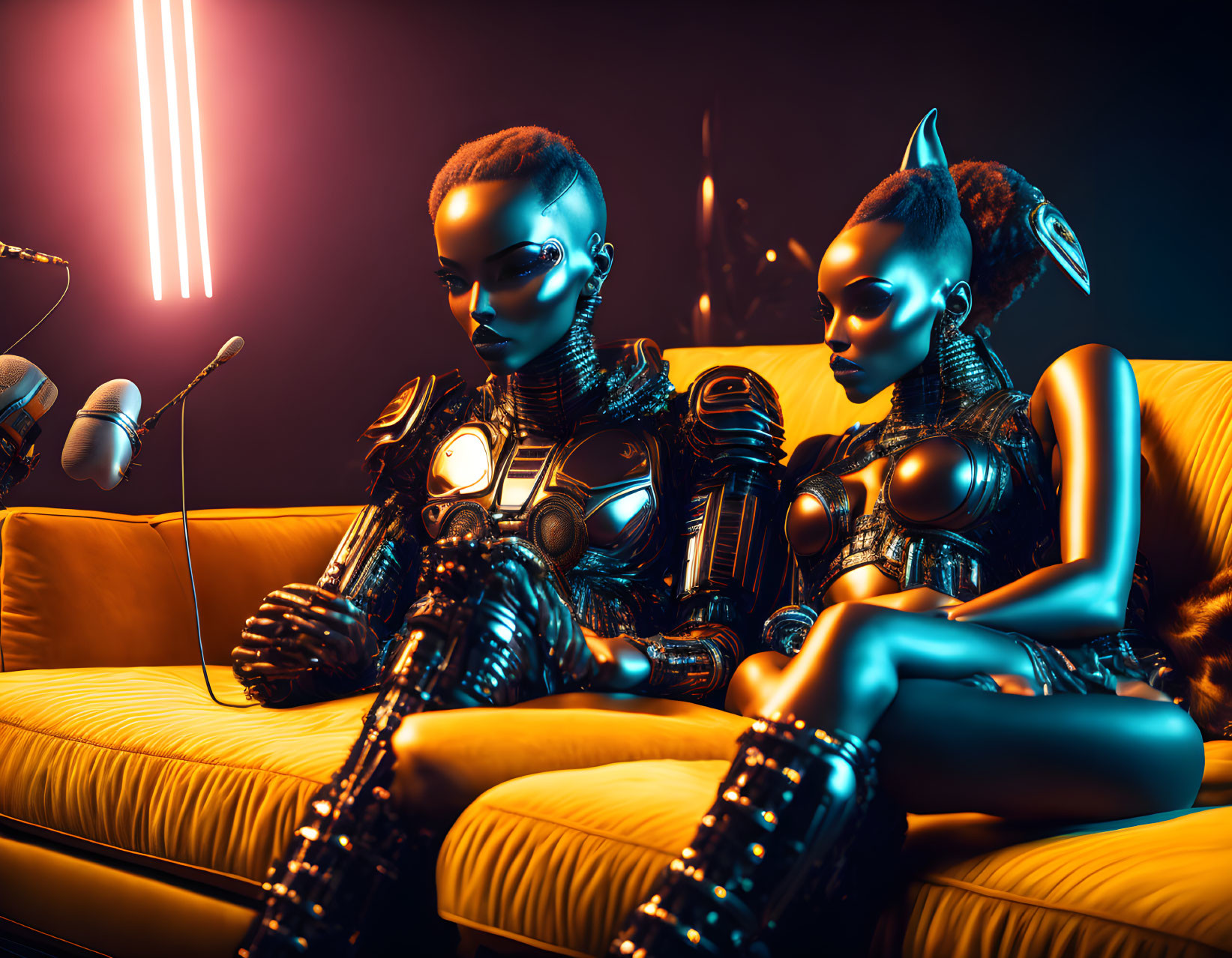 Futuristic androids on yellow couch in neon-lit setting