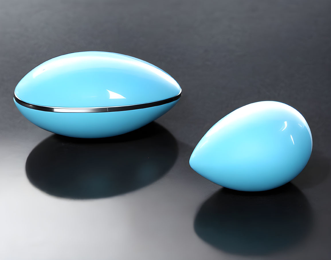 Blue Glossy Ovoid Objects on Dark Reflective Surface