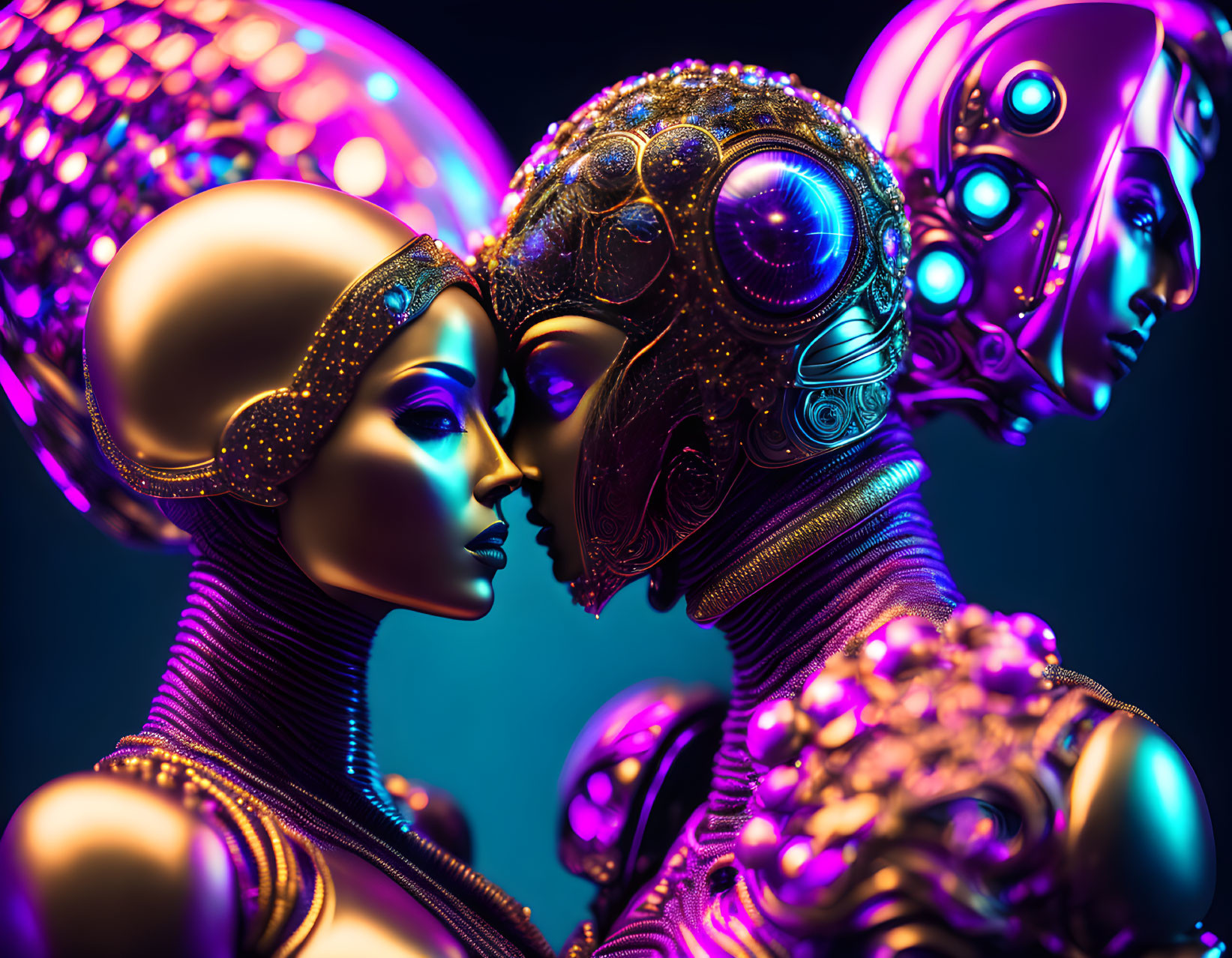 Futuristic robots with intricate head designs in close pose