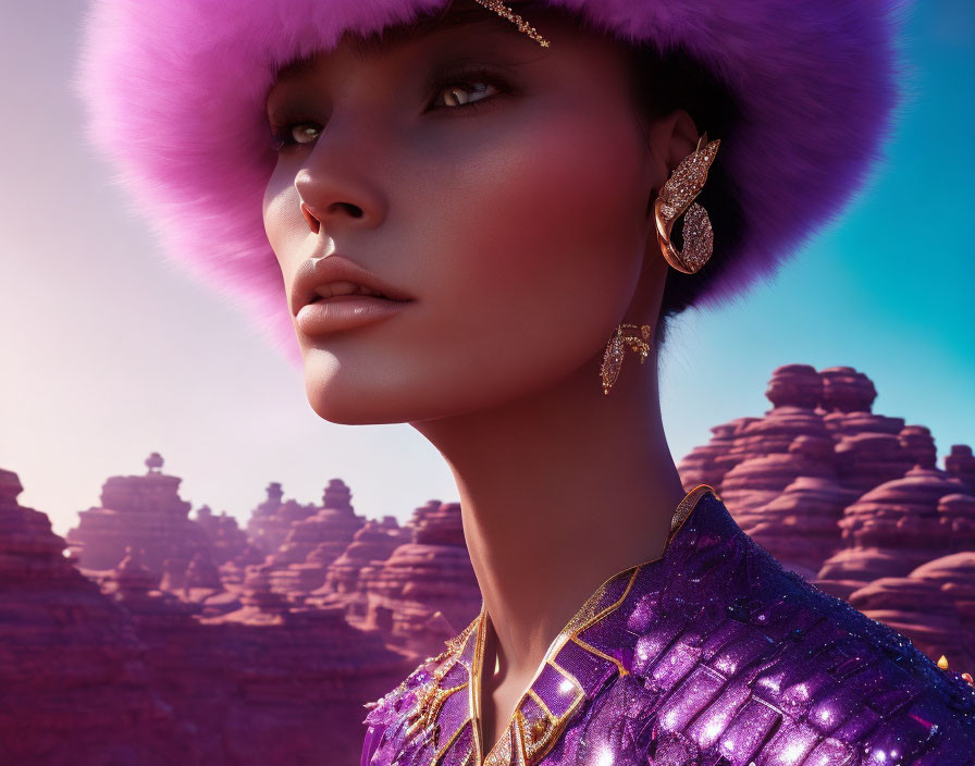 Woman in purple fur hat and gold jewelry against desert rocks