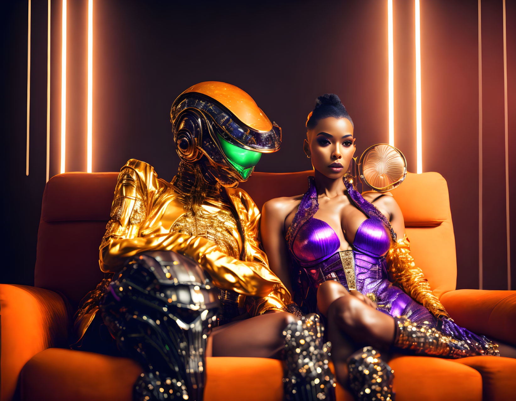 Futuristic gold costume person with woman in purple dress and fan in warm lit setting