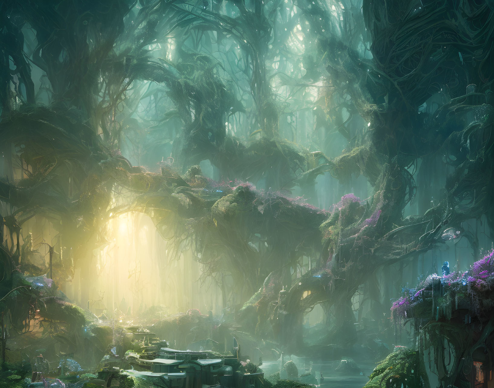 Ethereal forest with twisted trees and floating lanterns