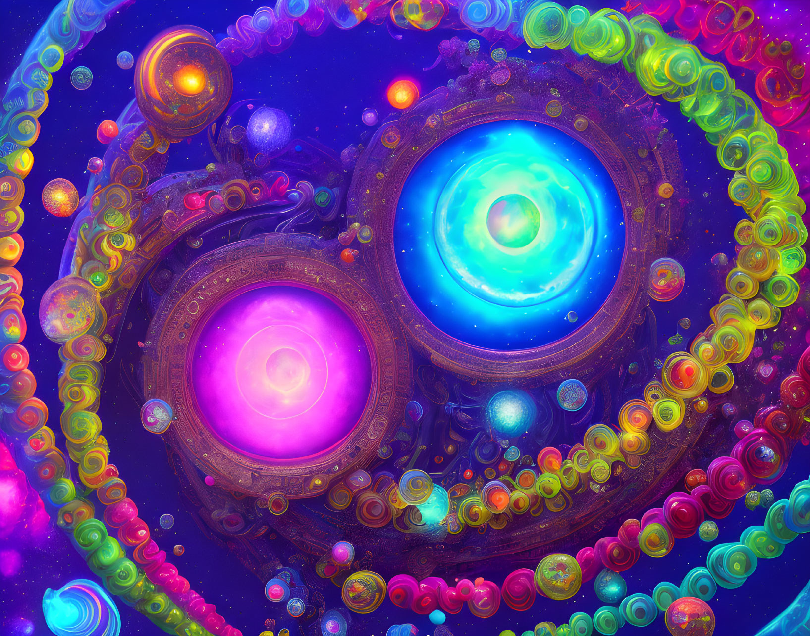 Colorful digital artwork: Glowing swirls and cosmic spheres