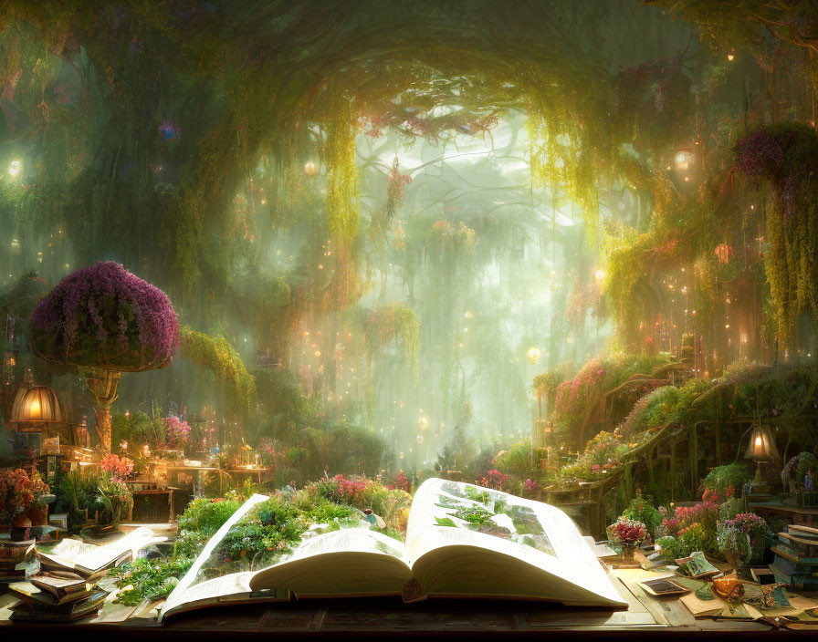 Open book on table in magical forest with glowing orbs, lush greenery, hanging vines