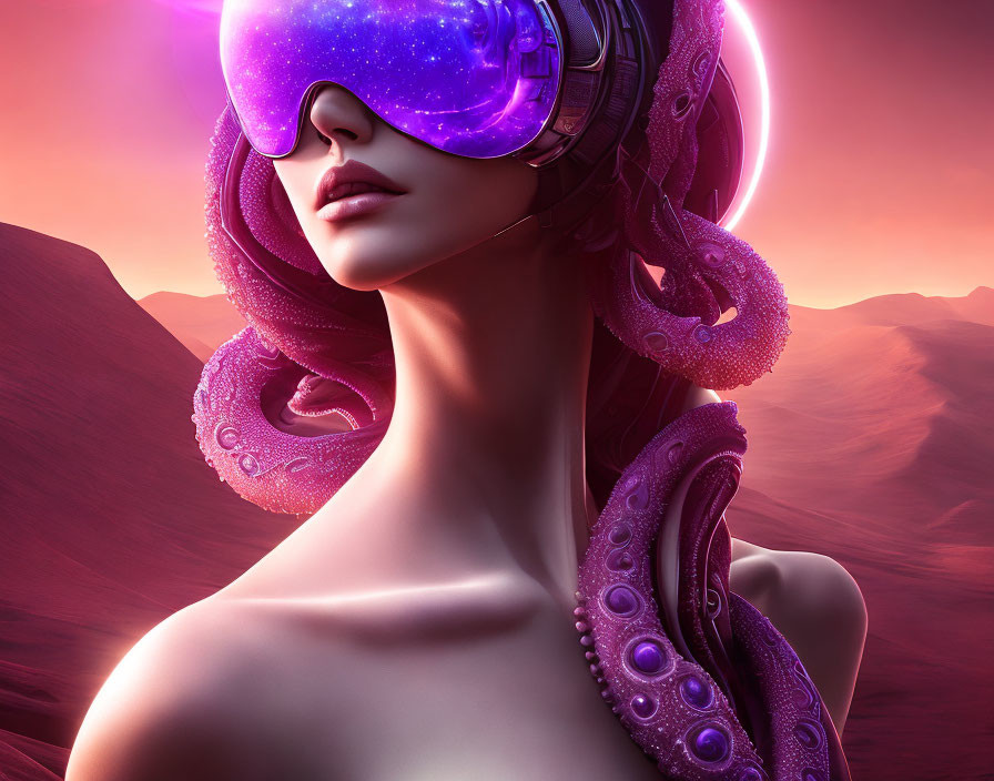 Digital artwork: Person with octopus & VR headset in futuristic desert landscape
