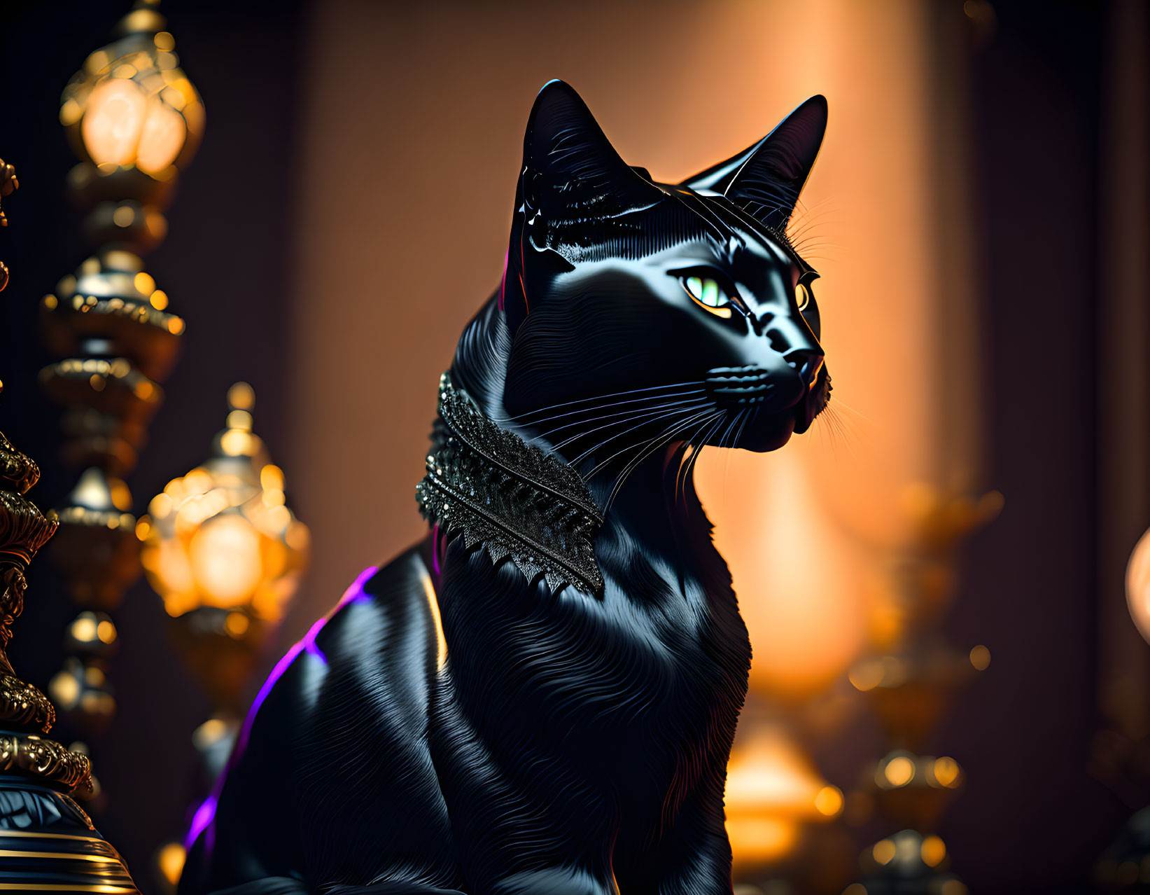 Black Cat with Jeweled Collar in Warm Illumination