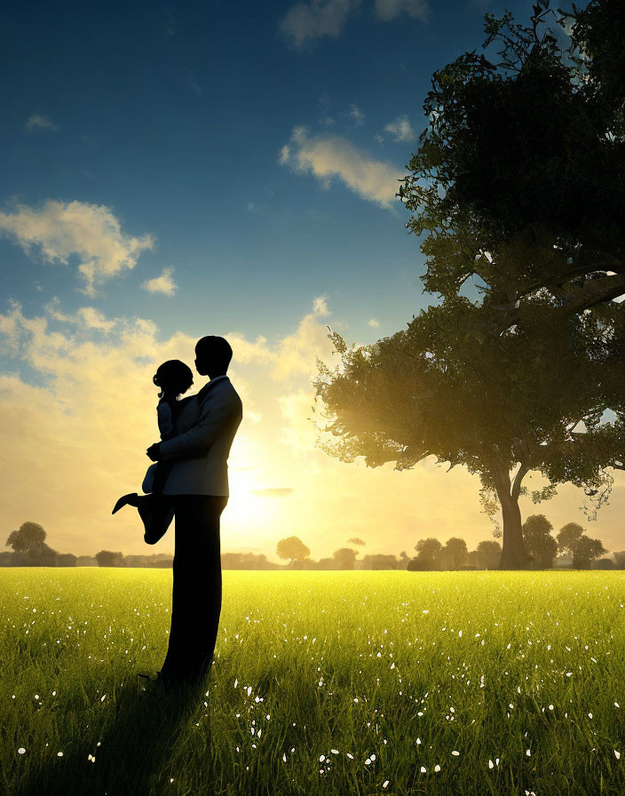 Silhouette of embracing couple in field at sunset
