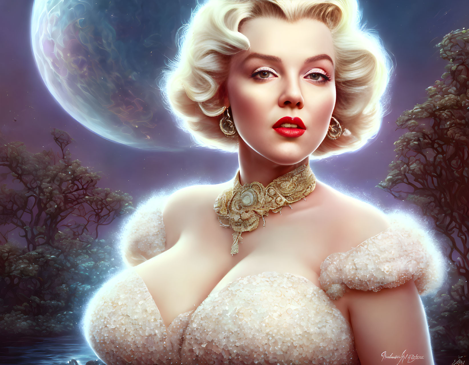 Digital portrait of Marilyn Monroe with fantastical celestial background.