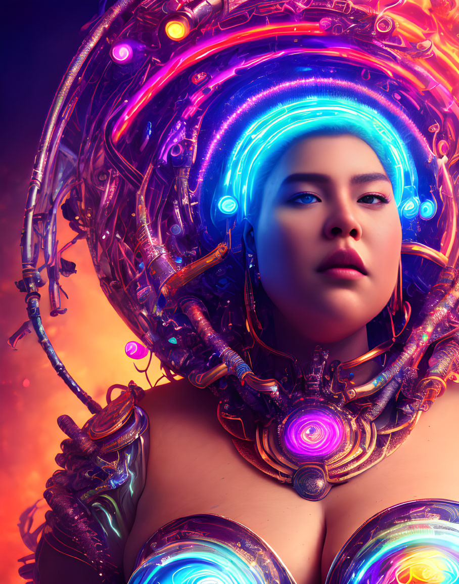 Futuristic woman with cybernetic enhancements and glowing headdress